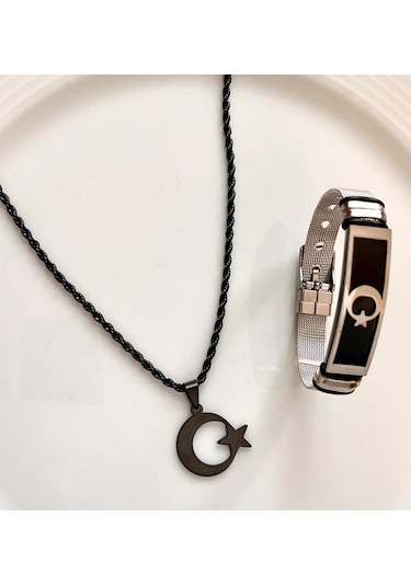 Gns Aksesuar Türk Bayrağı Figürlü Çelik Kolye & Bileklik Set