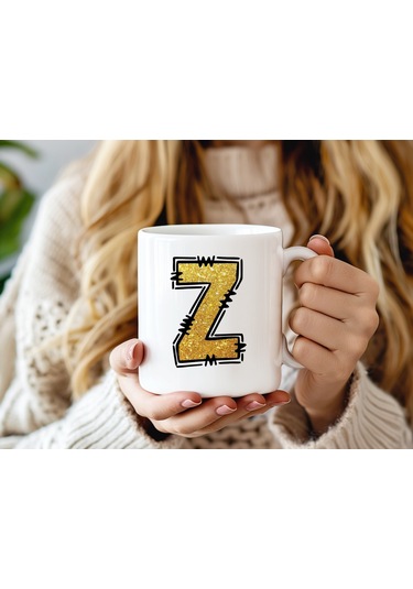 Z Harfi Gold Simli Kupa Işıltılı Alfabe Harf Tasarımlı Kahve Kupası - Kişiye Özel Hediye Beyaz