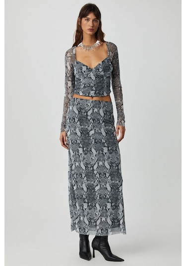 GRIMELANGE Beulah Kadın Maxi Boy Slim Fit Beli Lastikli Tül Batik Desenli Yılan Desenli Etek Yılan Desenli Çok Renkli