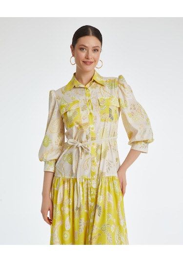 Desenli Kadın Gömlek Elbise - Cepli - Kemerli - Günlük Kullanım İçin Elbise Sarı