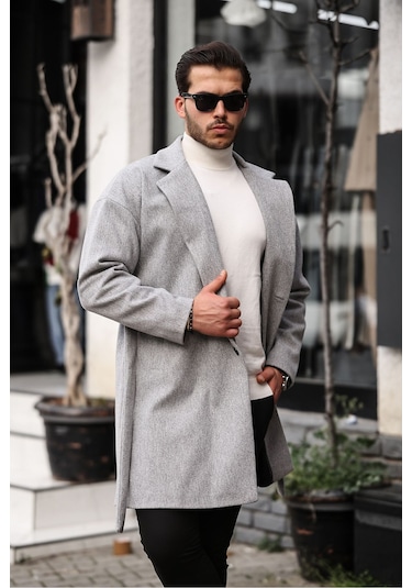 Mero Life Erkek Açık Gri Kemerli Oversize Rahat Kesim Kaşe Kaban Açık Gri