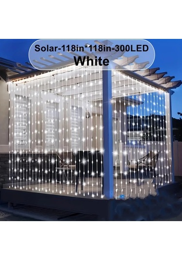 Gateesat 1 Adet 9.8ft Solar Perde Işık 8 Desenli 300 Led Beyaz Bahçe Dekor Beyaz