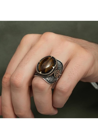 Kaplan Gözü Taşlı Süleyman Mührü 925 Gümüş Erkek Yüzük Beyaz