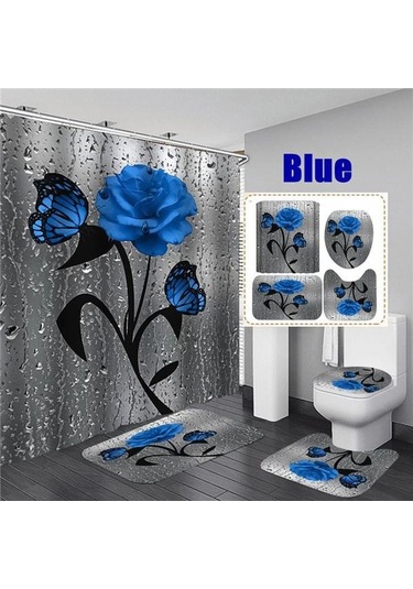 Mavi Çiçek Açan Çiçekler Gül Kelebek Duş Perdesi Seti Su Geçirmez Banyo Klozet Kapağı Banyo Kaymaz Mat Halı Halı Banyo Dekor 4 A Mavi