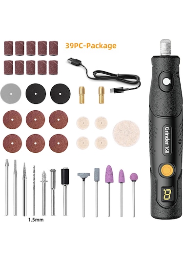 Maiyame El Tipi Şarjlı Mini Elektrikli Freze - 5 Seviye Hız Ayarlı, Delme, Oymak, Kesme, Cila Ve Taşlama Aleti 39 Parça Aksesuar Seti