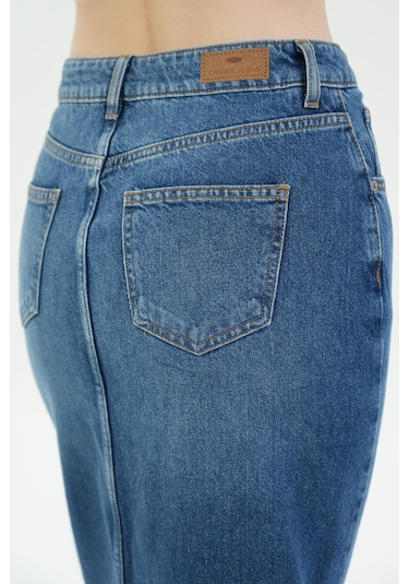 Orta Mavi Yüksek Bel Önü Yırtmaçlı Jean Etek C 4532-045 Orta Mavi