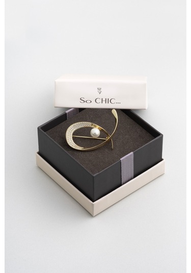 So Chic Aria İnci 18 Ayar Sarı Altın Kaplama Gümüş Broş Sarı