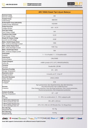 Mexxsun - İnges 48 Volt 100 Amper Lityum Akü - 4.8 Kwh Lifepo4 Batarya