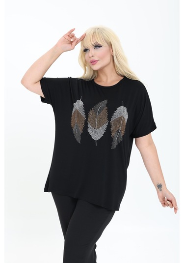 Yaprak Tasarım Taş Detaylı Bambu Yarasa Kol Bluz M-6xl Siyah