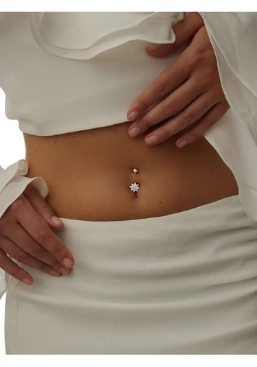 Miestilo 925 Ayar Gümüş Taşlı Göbek Piercingi, Çiçekli 162693885 Beyaz