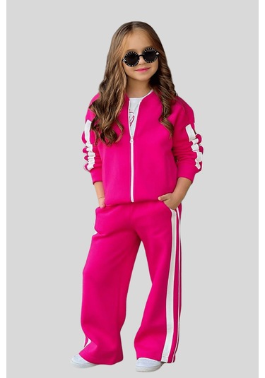 5-14 Yaş Candy Pretty Şeritli Kız Çocuk Takım Fuşya Fuşya