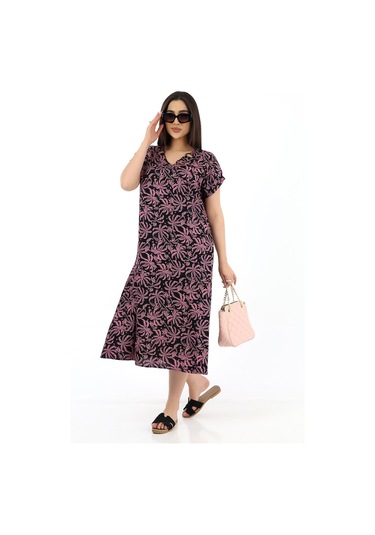 Kadın Viskon Yarım Kol V Yaka Halkalı Cepli Elbise Pembe Pembe