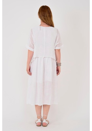 İtalyan Müslin Keteni Üstü File Bluzlu Astarlı Tek Parça Elbise-9256 Beyaz