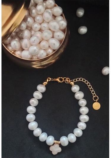 24k Altın Kaplama Gerçek İnci Sedef Yonca Detaylı Şık Bileklik Be Gold