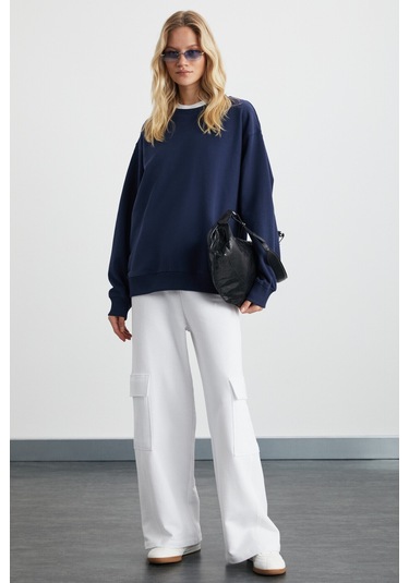 Karıus  Kadın Organik Pamuklu Içi Polarlı Oversize Yuvarlak Yakalı Lacivert Sweatshirt