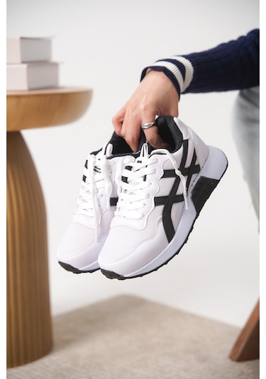 Garantili D0120 Günlük Ortopedik Kadın Sneaker Spor Ayakkabı Beyaz-siyah