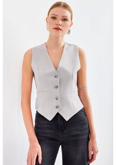 6796 Kısa Dokuma Yelek - Gri Gri