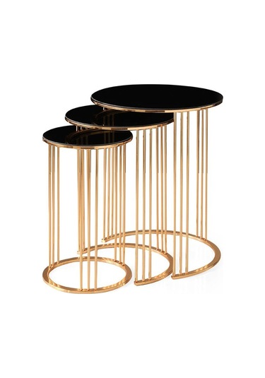 Yuvarlak Cam Zigon Sehpa 3 Lü Gold Kaplama Siyah Cam (483690205)