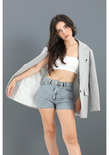 Blazer Ceket Çizgili Atlas Kumaş - Gri-gri Gri