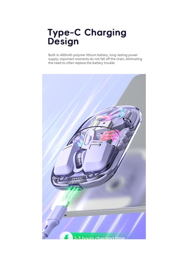 Mufunye Şeffaf Kablosuz Çift Modlu Rgb Aydınlatmalı Fare - 1600dpı, 400mah Pil, Sessiz Tuşlar H118