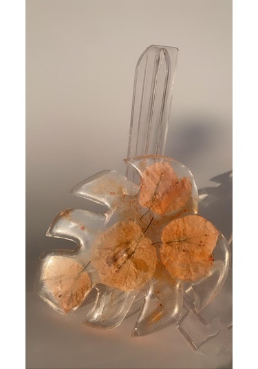 Turuncu Renk Begonvil Süslü Yaprak Desen Epoksi Bardak Altlığı Şeffaf