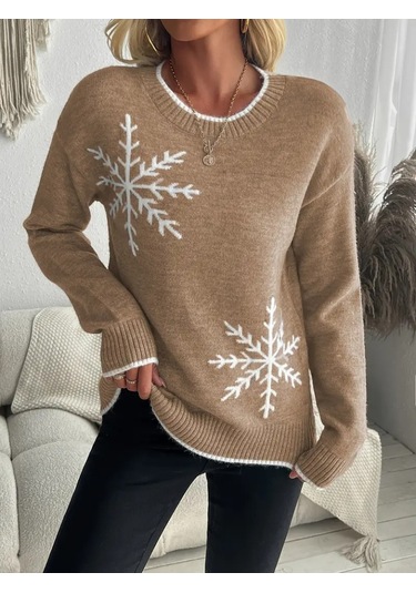 Pazarella Kadın Uzun Kollu Bisiklet Yaka Kar Tane Desenli Triko Bluz Kahve