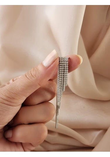 Eva Takı Store Kristal Taşlı Zincir Sallantılı Deliksiz Kıkırdak Silver Renkli Küpe Gümüş