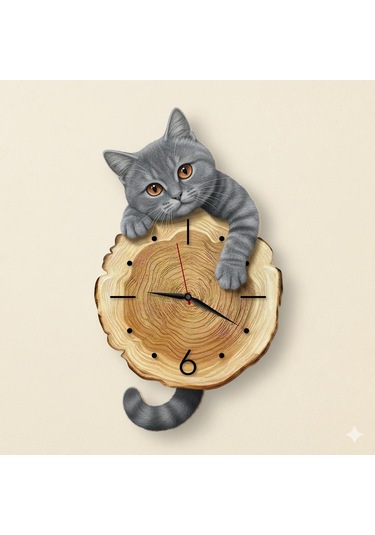 Cajuart Kütük Üzerinden Bakan Gri Kedi Tasarımlı Duvar Saati Modern Dekoratif Saat Kahverengi