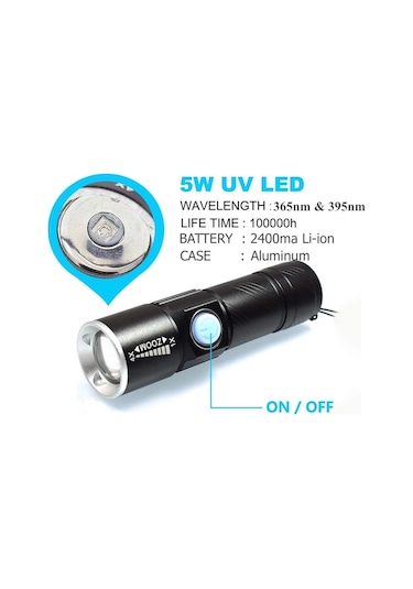 MSO Ultraviyole USB Şarjlı 365nm & 395nm Değerli Taş & Epoksi Led Fener Siyah