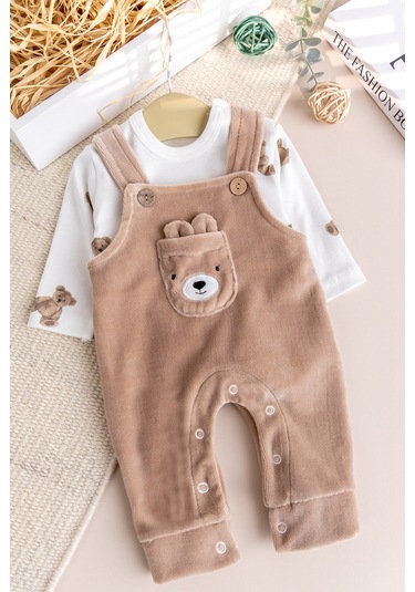 Fiğürlü Kışlık Kadife Erkek Bebek Salopet Tulum Set Kahverengi