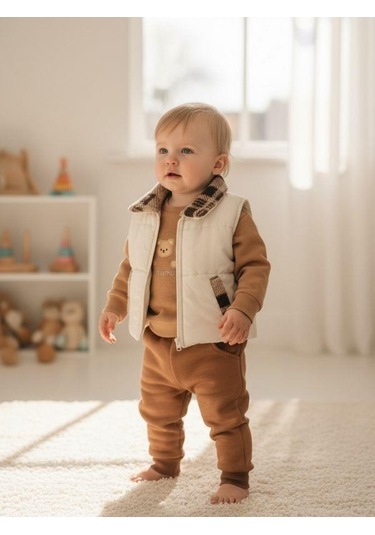 Erkek Bebek Yelekli 3 'lü Eşofman Takım-16230 Kahverengi