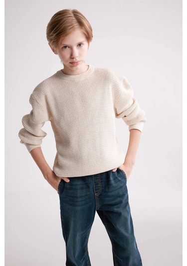 DeFacto Erkek Çocuk Bisiklet Yaka Basic Düz Triko Kazak C2270A824WNER233 Ekru