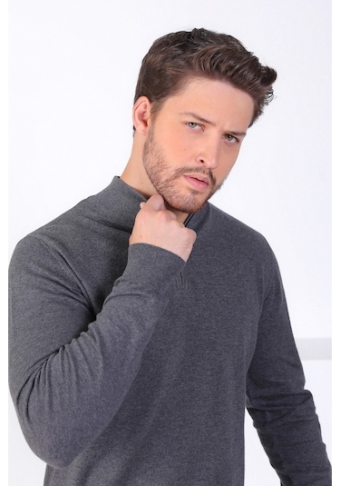 Ferraro Antrasit Dik Yaka Düz Renk Pamuk Erkek Kazak Antrasit