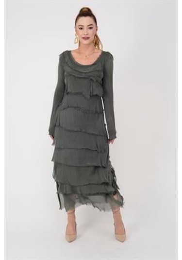 Italyan 2 Beden İnce Gösteren Kat Kat Uzun Kol Taşlanmış İpek Elbise Koyu Haki