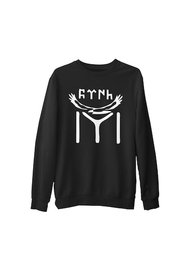 Türk Kayı Boyu Bayrak - Logo Siyah Erkek Kalın Sweatshirt
