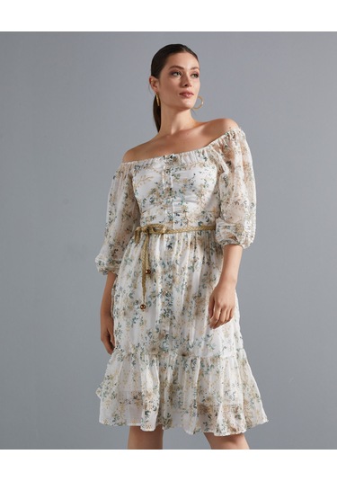 Çiçek Desenli Kadın Elbise - Omzu Açık - Düğme Detaylı - Modern Ve Şık Tasarım - Günlük Ve Özel Günler İçin Elbise Ekru