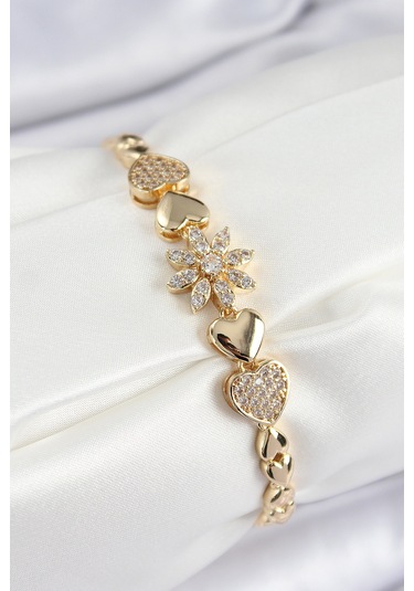 Pirinç Zirkon Taşlı Kalp Detaylı Çiçek Model Gold Renk Kadın Bileklik - Tj-bb7527 Gümüş