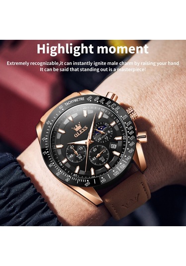 Olevs 9957 Erkekler Aydınlık Su Geçirmez Deri Kayış Kuvars Saat Siyah + Gül Altın