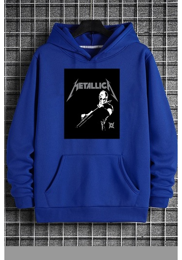 Unisex Metalica Baskılı Oversize Sweatshirt Mavi