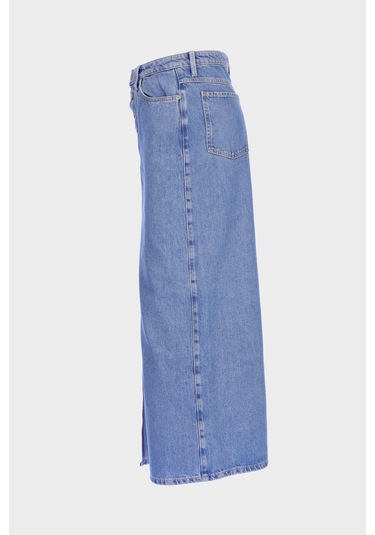 Açık Mavi Yüksek Bel Patı Düğmeli Ön Ve Arka Yırtmaçlı Jean Etek C 4532-035 Açık Mavi