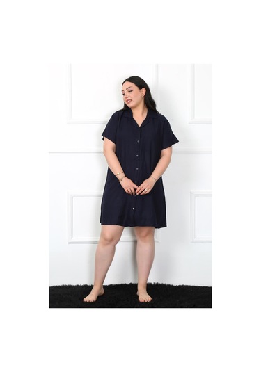 Akbeniz Büyük Beden Dokuma Düğmeli Lacivert Tunik Gecelik 1022-lacivert Lacivert
