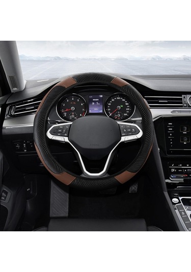 Yaleker Kahverengi Karbon Fiber Stili Deri Direksiyon Kılıfı - 37-38 Cm Evrensel Uyumlu, Nemi Emici, Kayma Engellli, Dayanıklı Ve Koruyucu Kahve