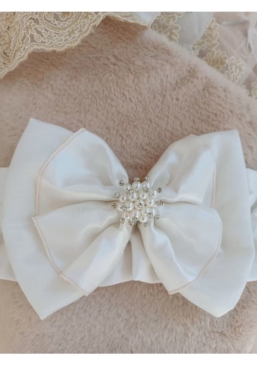 Yenidoğan Wool Yün Kumaş Taç Nakışlı Güpür Duvaklı Fiyonk Prizma Taş Unisex Kundak Bebek Battaniyesi Bej Çok Renkli