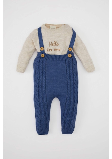 Defacto Erkek Bebek 2'li Takım Uzun Kollu Nakış Bisiklet Yaka Triko Kazak Ayarlanabilir Askılı Örgü Desenli Triko Salopet C9592A524AUBE341 Mavi