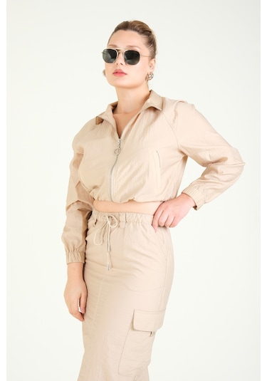 Giyim Dünyası Kadın Paraşüt Crop Mont Açık Camel 001