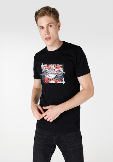 Colins Regular Fit Bisiklet Yaka Baskılı Siyah Erkek Kısa Kol Tişört Cl1064711 Siyah