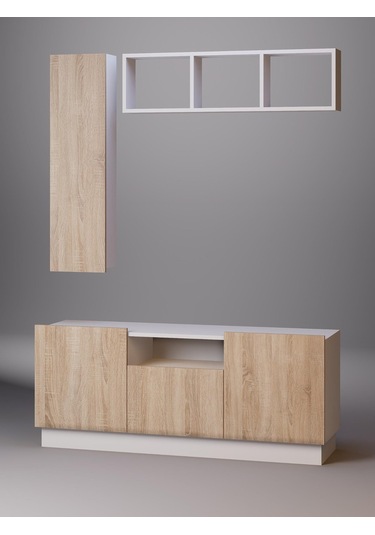 Detamob Lora Tv Ünitesi, Tv Sehpası Açık Raf Ve Dolabı, Beyaz/sonoma & Karbon Gri/sonoma Beyaz