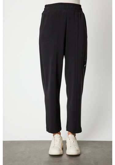 On Kadın Düğme Detaylı Bol Paça Eşofman Altı 64149 Siyah Siyah