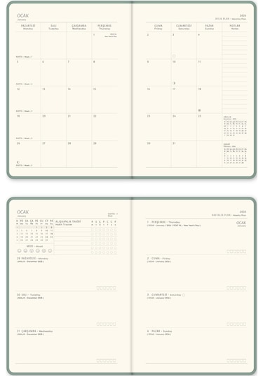 2026 A5 Keten Haftalık Ajanda 12 Aylık Yeşil Yeşil