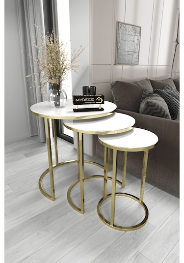 3'lü C Zigon Sehpa Gold Ayak Beyaz Ayna